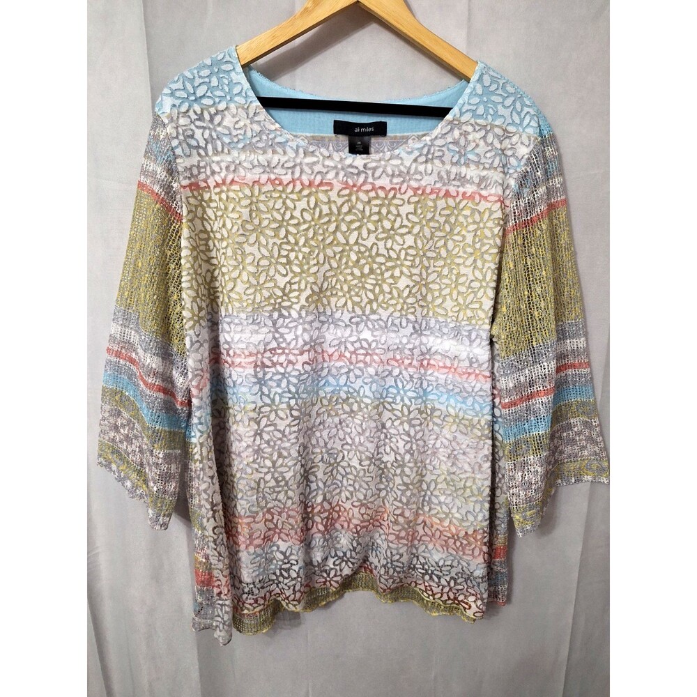 Ali Miles Burnout Mesh Tunic Top Sz 2x Floral Overlay Mature Lagenlook Coastal